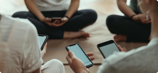 People sitting cross-legged on the floor using smartphones.