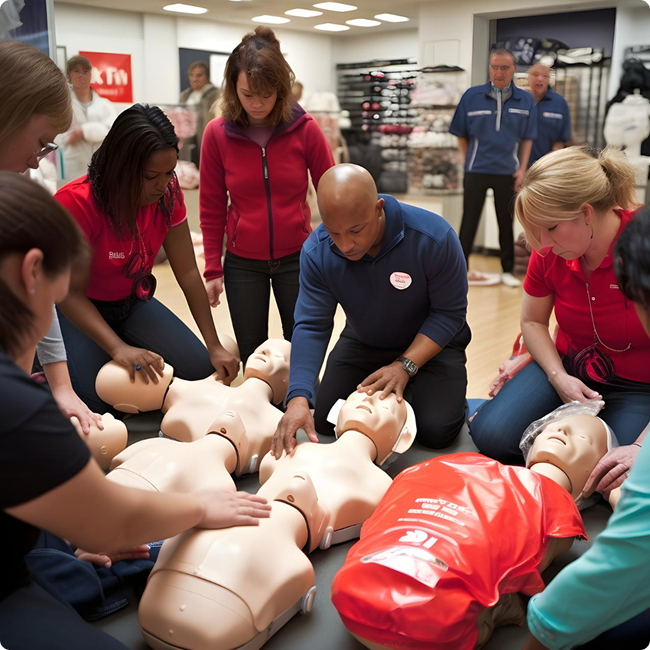 People participating in a CPR training session using mannequins in a store setting.