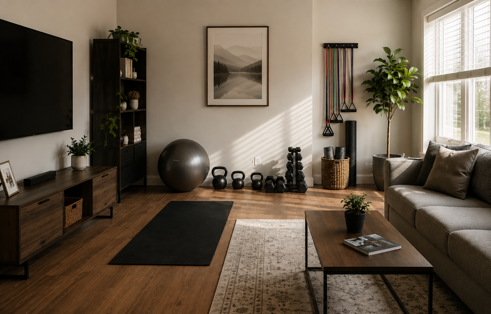 Home fitness space with exercise equipment for personalized in-home training