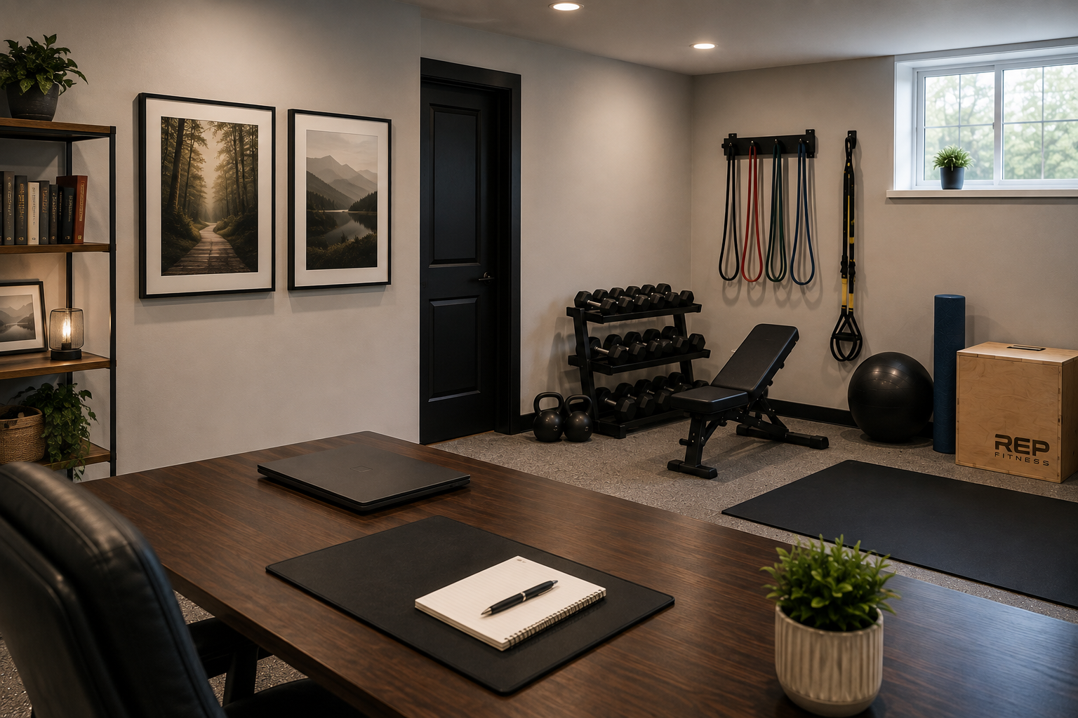 Home fitness and consultation space with strength training equipment