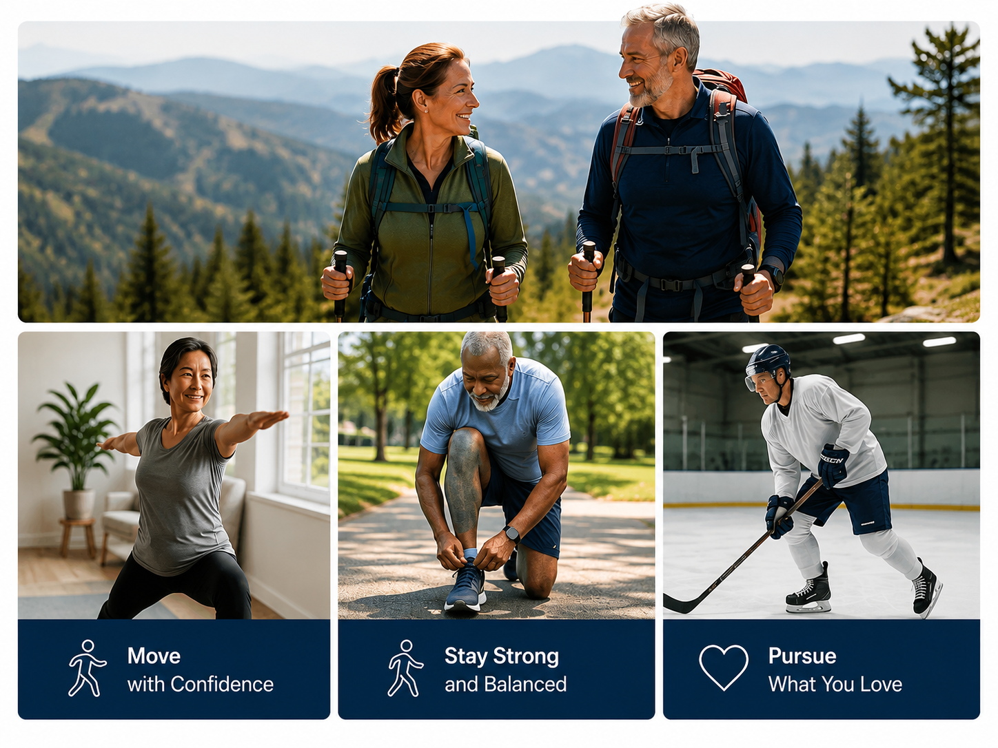 Older adults staying active through hiking, strength training, and recreational activities