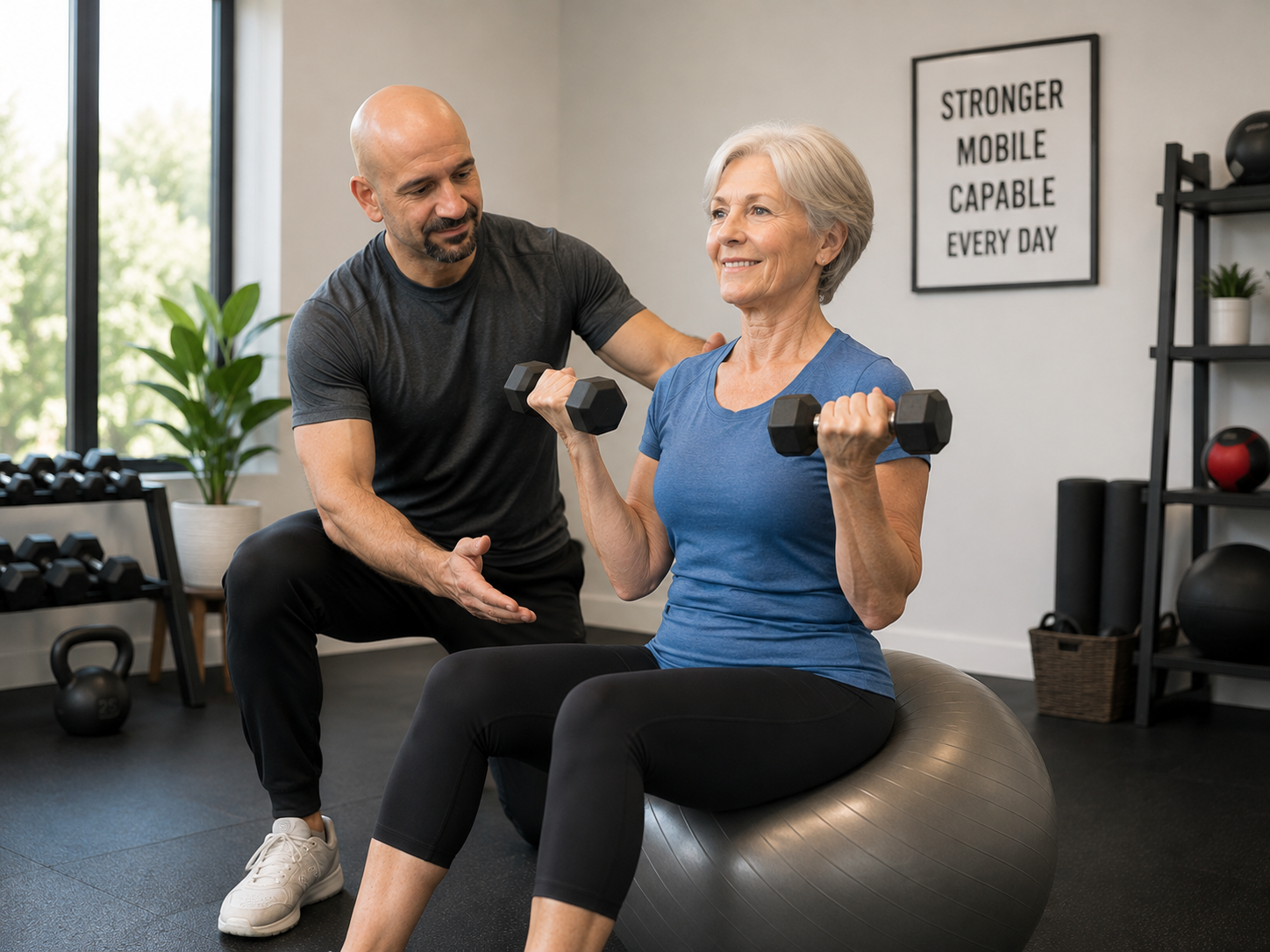 Personal trainer guiding an older adult through strength training
