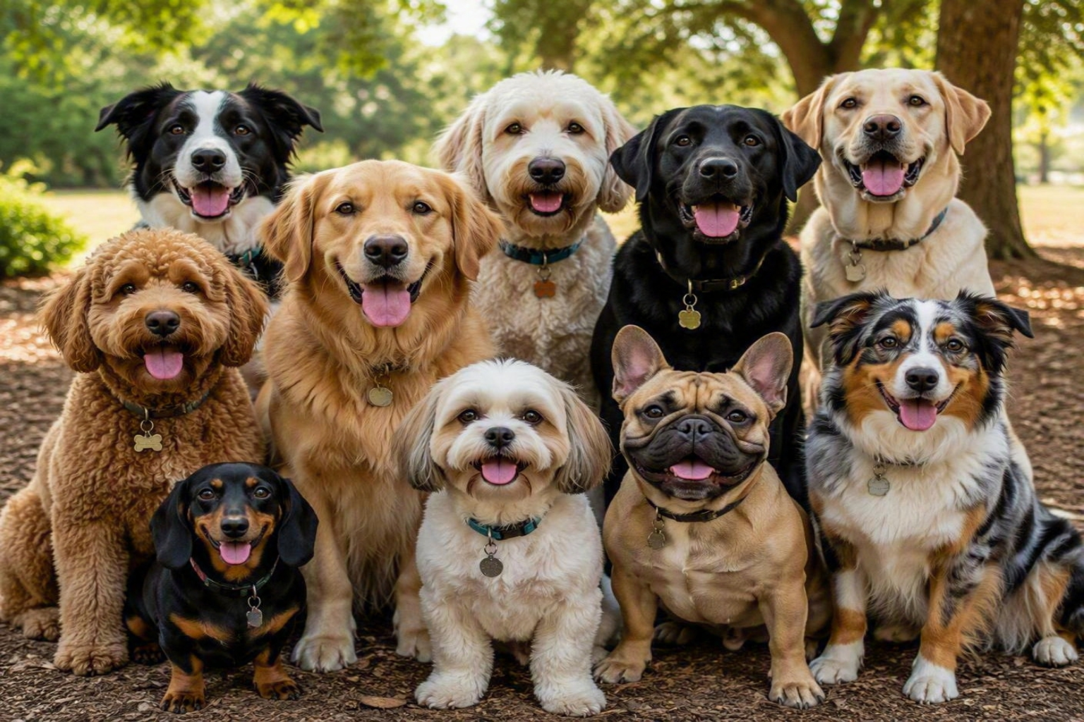 Group of dogs of various breeds and sizes outdoors in a park, sitting on the ground and smiling.