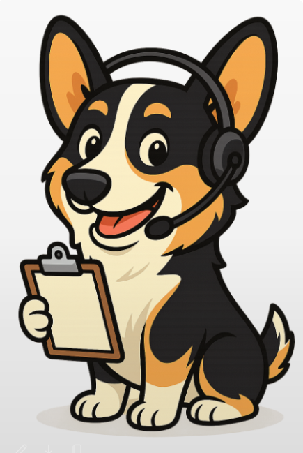 Cartoon dog wearing a headset and holding a clipboard.