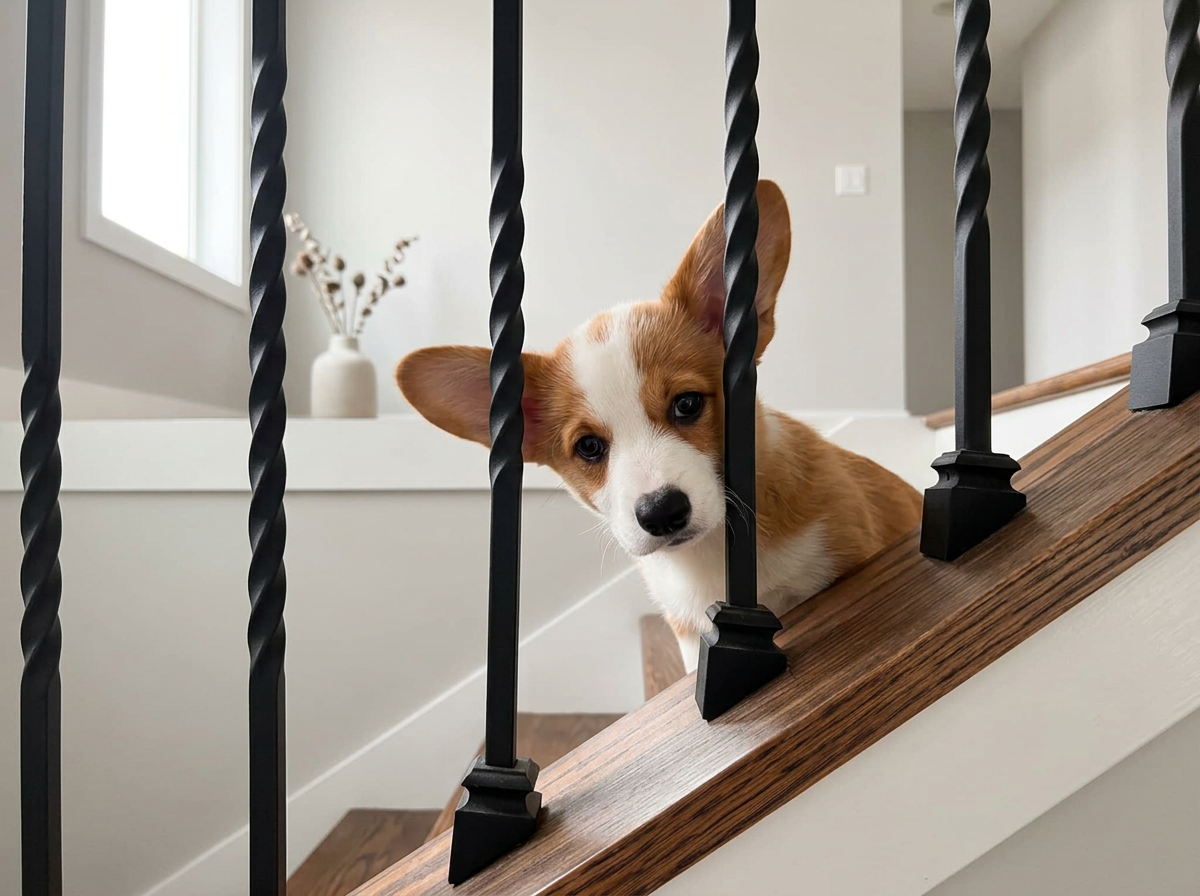 A puppy looking through black metal stair railing at the camera, with a natural wood handrail, inside a house.