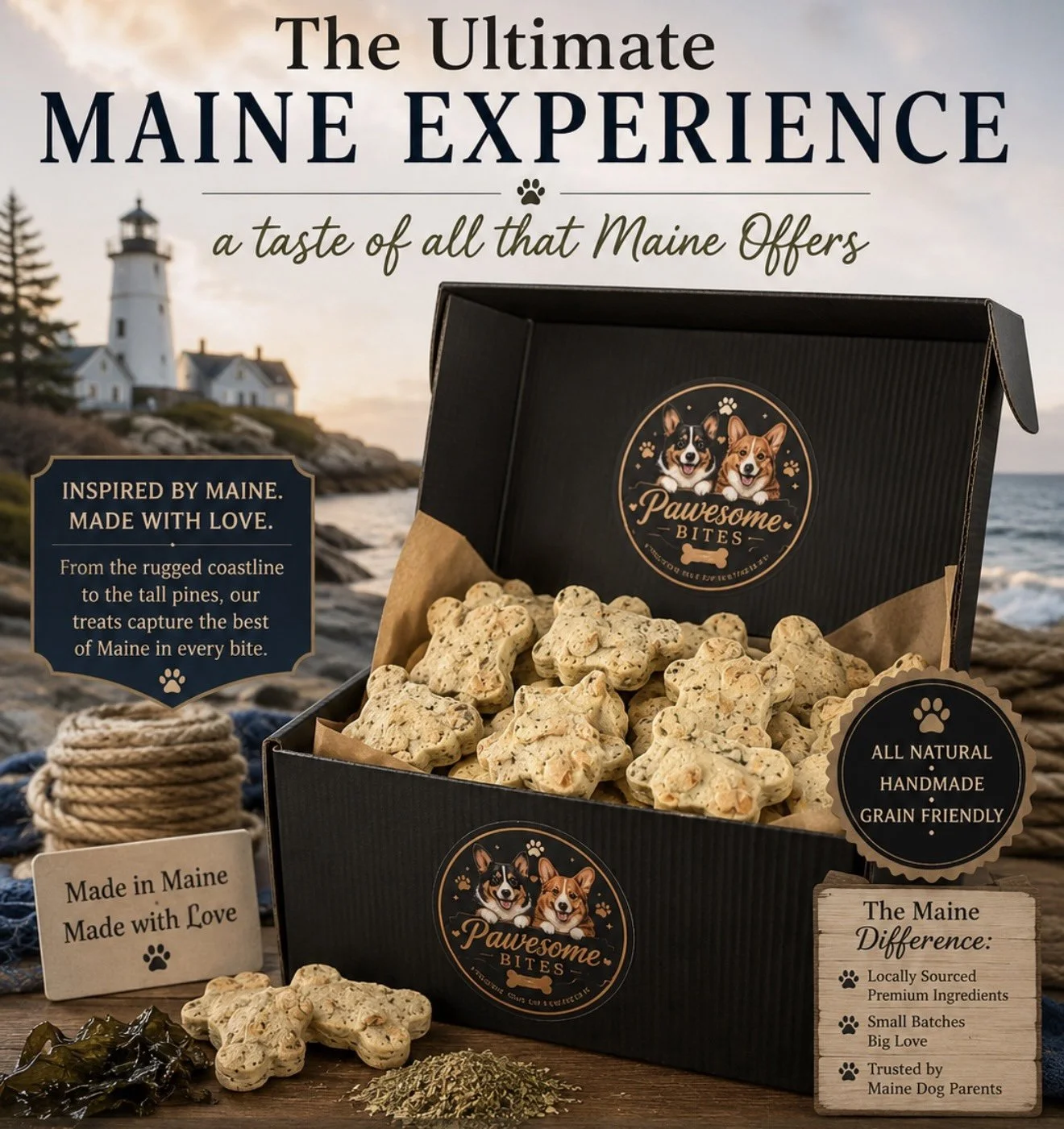 A box of Maine-inspired dog treats called 'Pawsome Bites' displayed outdoors near a lighthouse and rocky coastline, with informational signs describing the product's Maine origin, natural ingredients, and handcrafted quality.