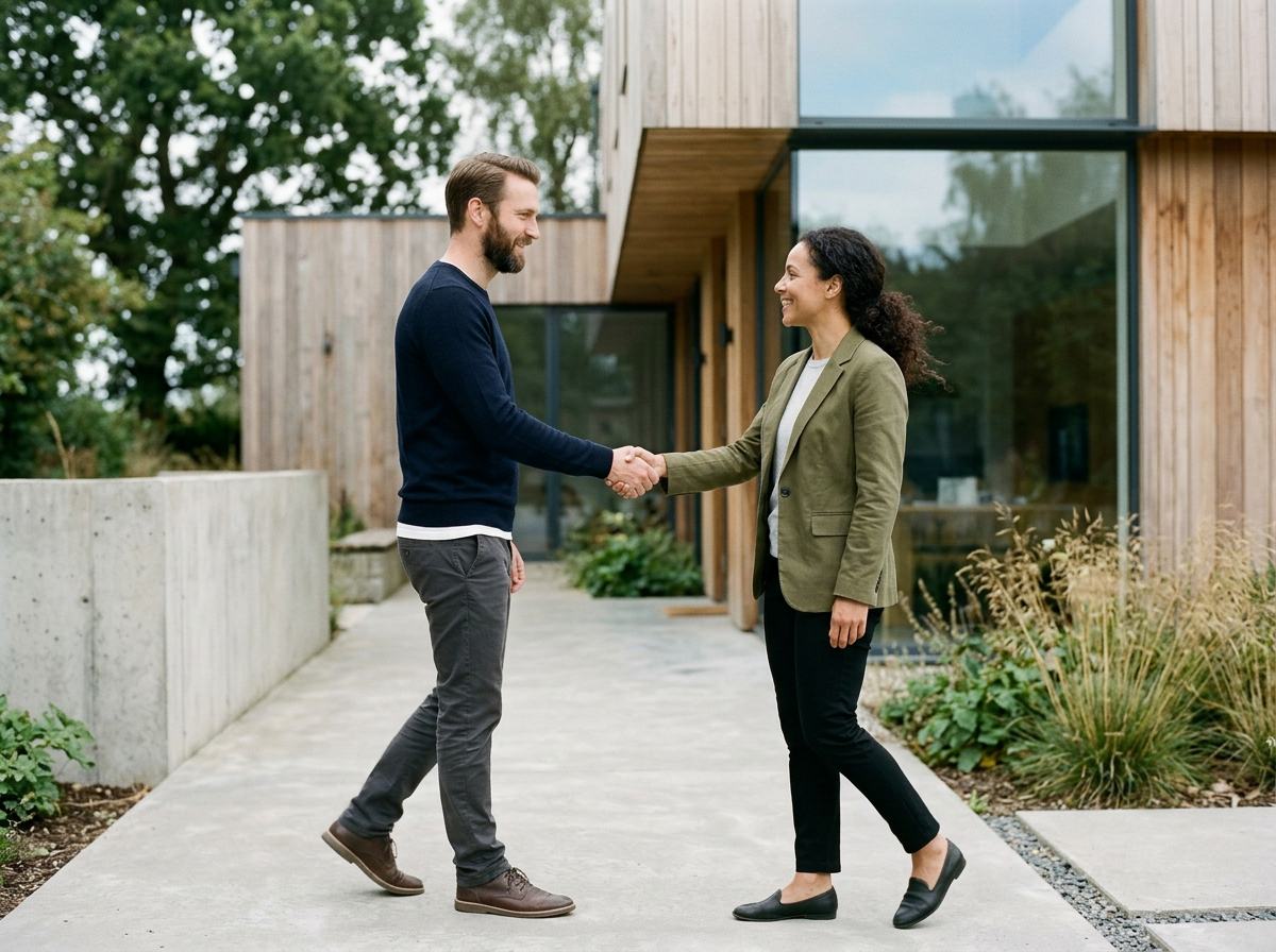 Deux personnes, un homme et une femme, se serrant la main devant une maison en bois moderne.