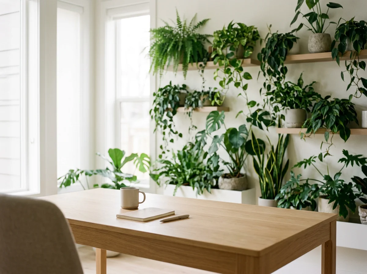 Intérieur lumineux avec une table en bois, un mug, un carnet et un stylo, et un mur orné de plusieurs étagères avec diverses plantes vertes en pot.