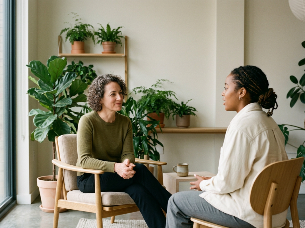 Deux femmes discutent dans un salon avec beaucoup de plantes vertes, assises face à face.