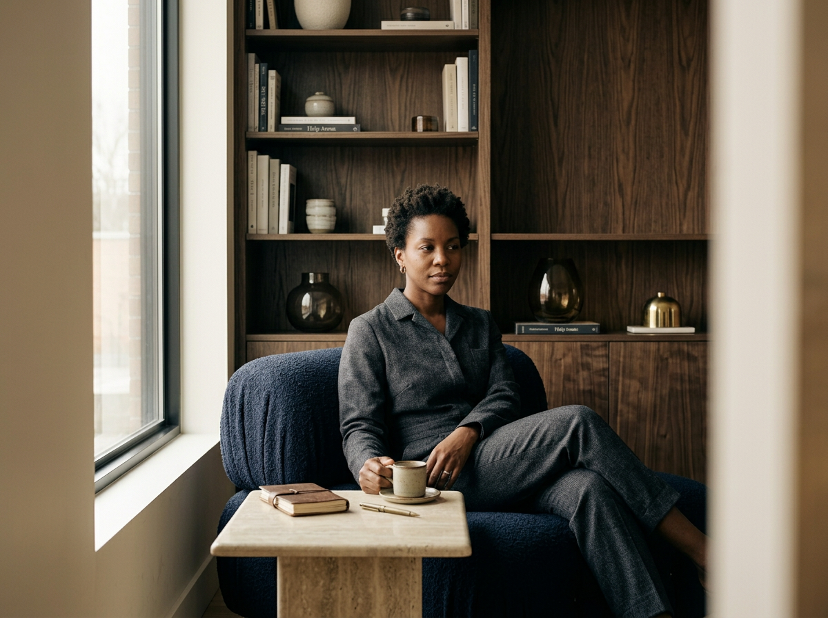 Femme assise sur un canapé en regardant par la fenêtre, tenant une tasse, dans une pièce avec une bibliothèque en bois derrière.