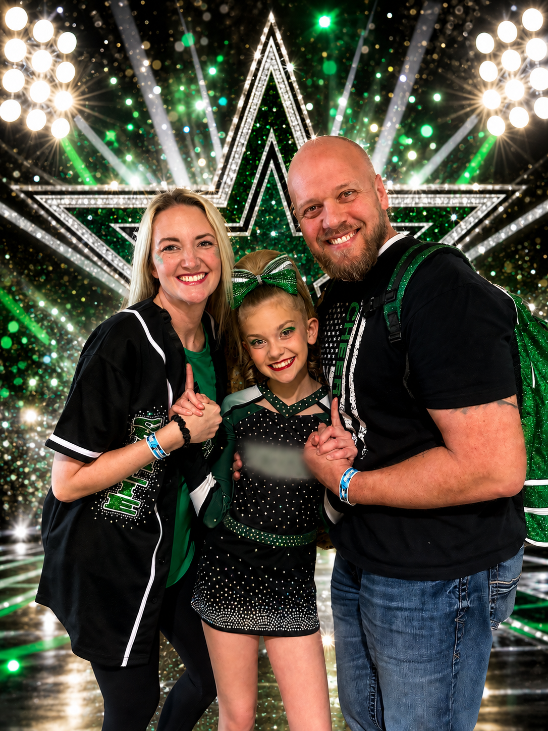 A happy family of three smiling with arms around each other, standing in front of a large illuminated star background with green and white lights, wearing matching black and green cheerleading outfits, at a celebration or event.