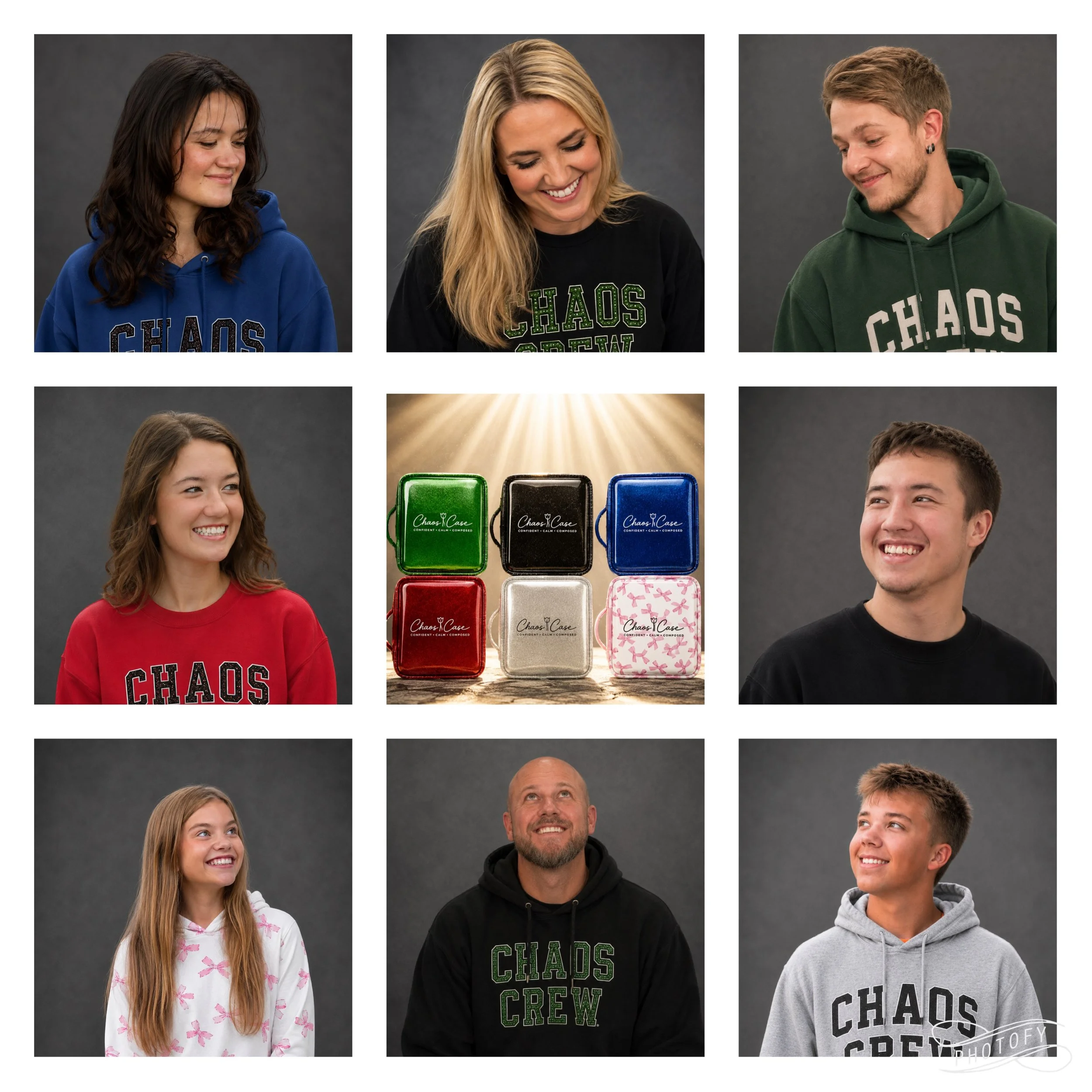 Collage of six young people wearing hoodies and sweatshirts with the word Chaos, smiling and looking down or to the side, against a gray background, with a display of six colorful Chaos Cases phone cases at the bottom center.