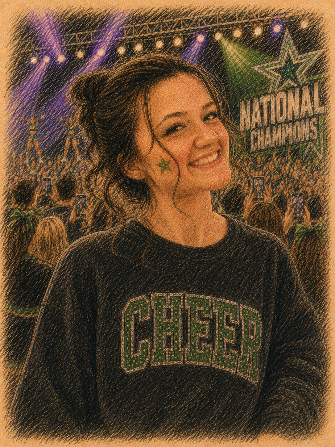Young woman with a star sticker on her cheek, smiling at a concert or event, wearing a black sweatshirt with "CHEERS" written on it, in front of a crowd and stage with bright lights and a large sign that says "NATIONAL CHAMPIONS."