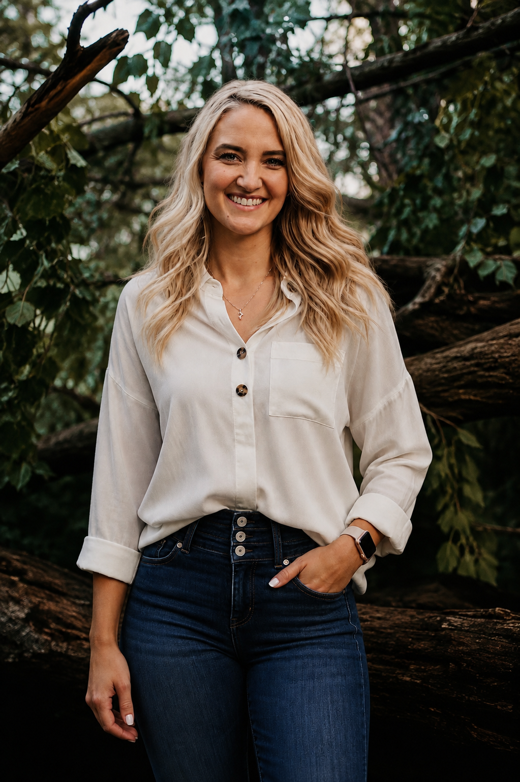 A young woman with long, wavy blonde hair, smiling, standing outdoors in front of trees and foliage, wearing a light-colored button-up shirt, dark jeans, a watch, and a necklace.