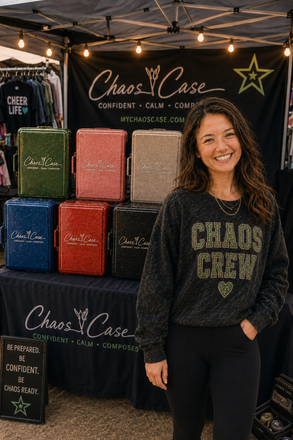 A smiling woman wearing a black sweatshirt with green lettering that says "Chaos Crew" stands at a booth with colorful lunchboxes and a black backdrop that reads "Chaos Case" with the words "Confident, Calm, Composed". There are string lights hanging above the booth.