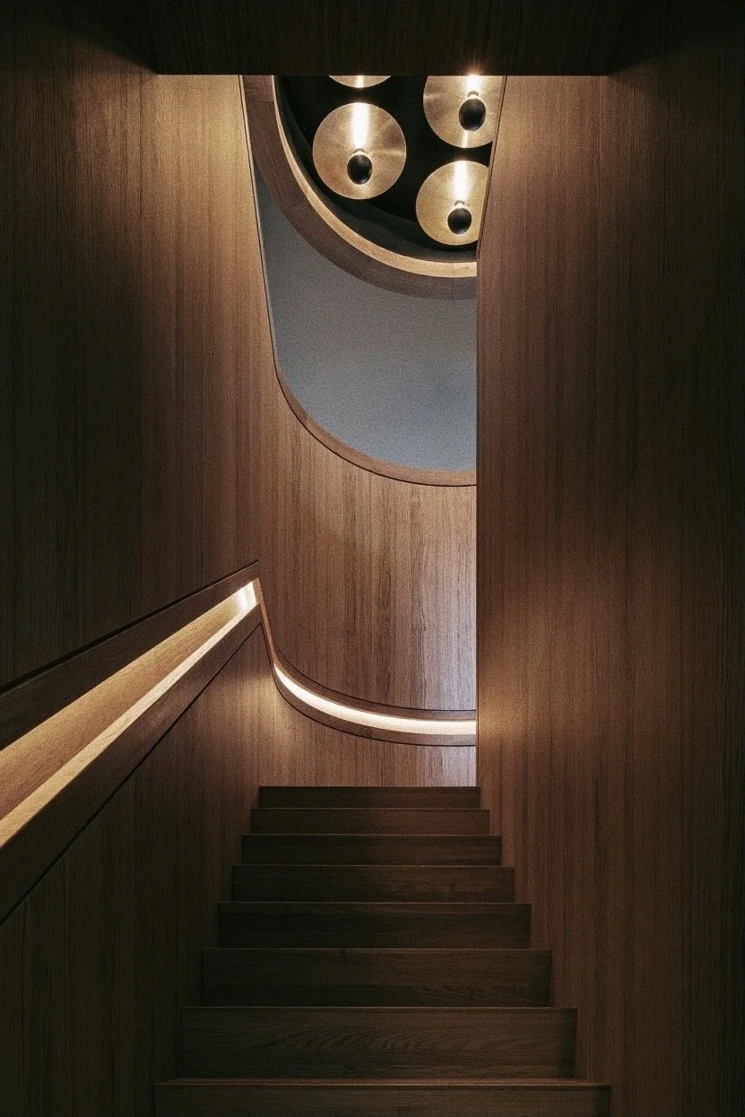 Houten trap met ingebouwde verlichting, rondom houten wand en een cirkelvormig plafondlicht met vijf ronde elementen.