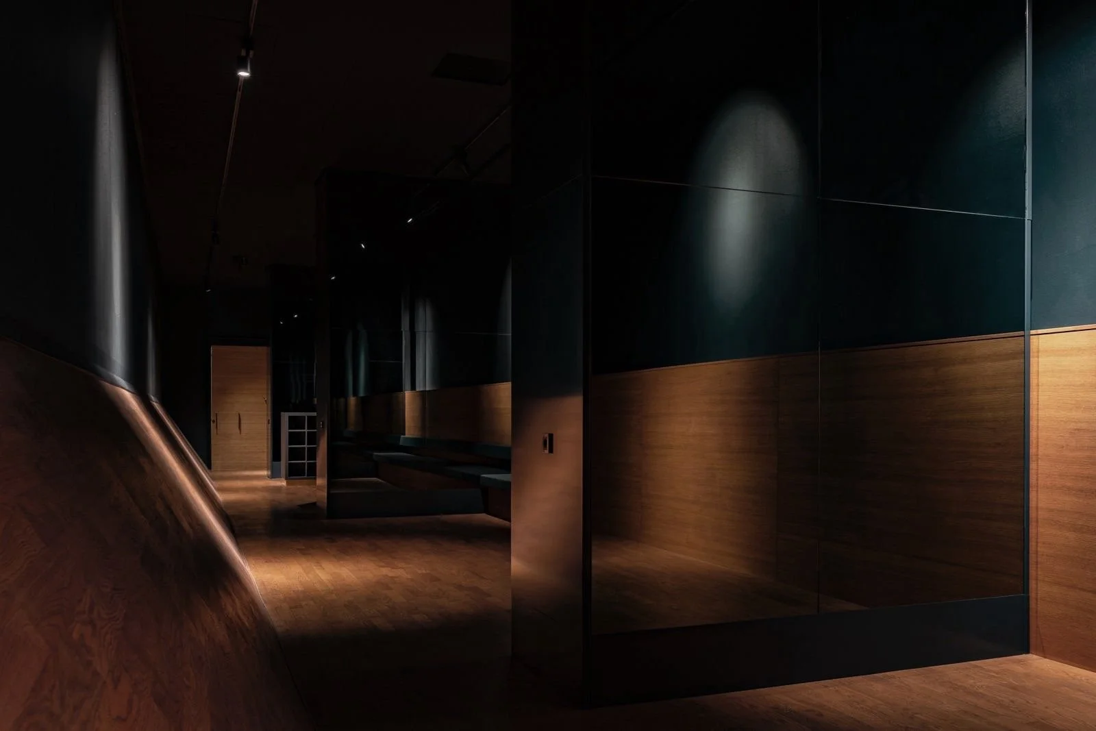 Een moderne, donkere interieurruimte met zwart en hout afwerkingen, dimbare verlichting, en houten vloer.