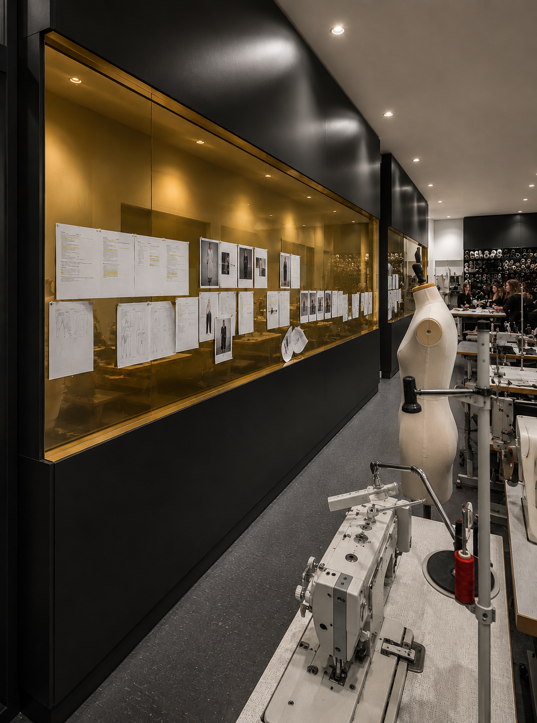 Ontwerpruimte met manuscripten, tekeningen en foto's op de muur, naaimachine en een mannequin, vermoedelijk in een modeontwerpatelier.