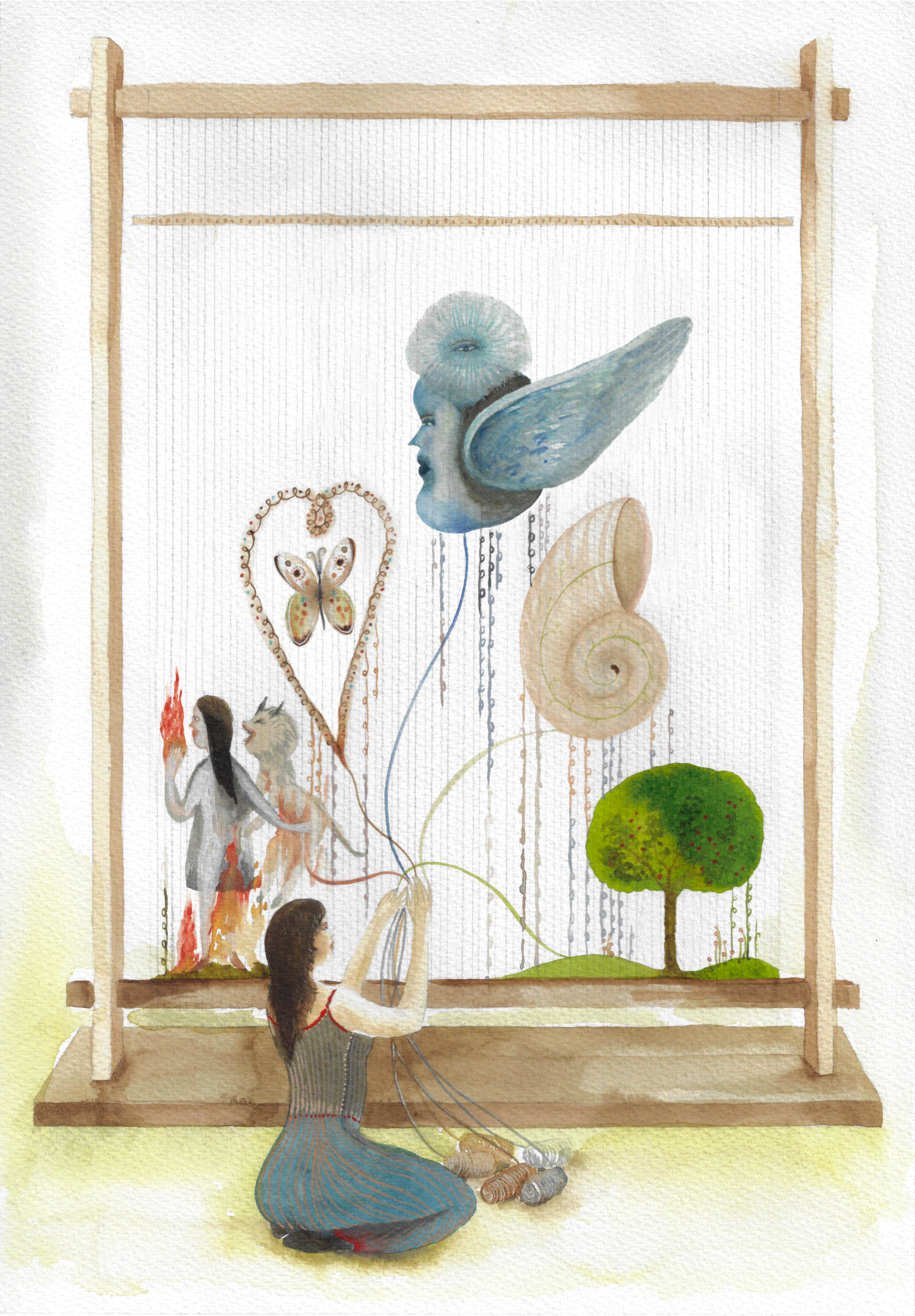 A person kneeling in front of a wooden frame with strings and figures, including a human face with wings, a snail shell, a butterfly, and other artistic elements.