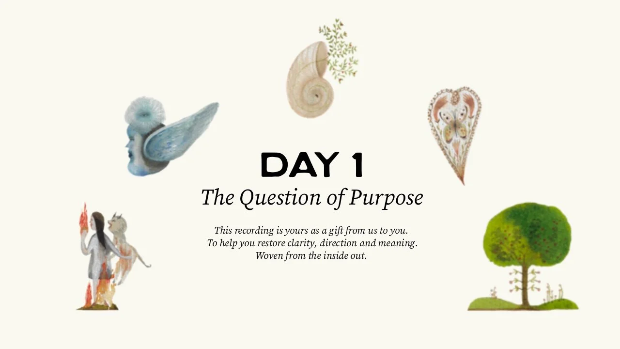 Day 1: The question of purpose, with illustrations of a bird, snail, butterfly, tree, and mythical creature, on a light background.