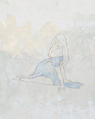 A line drawing of a mermaid sitting on the ground with her tail curled around her, under a cloudy sky background.