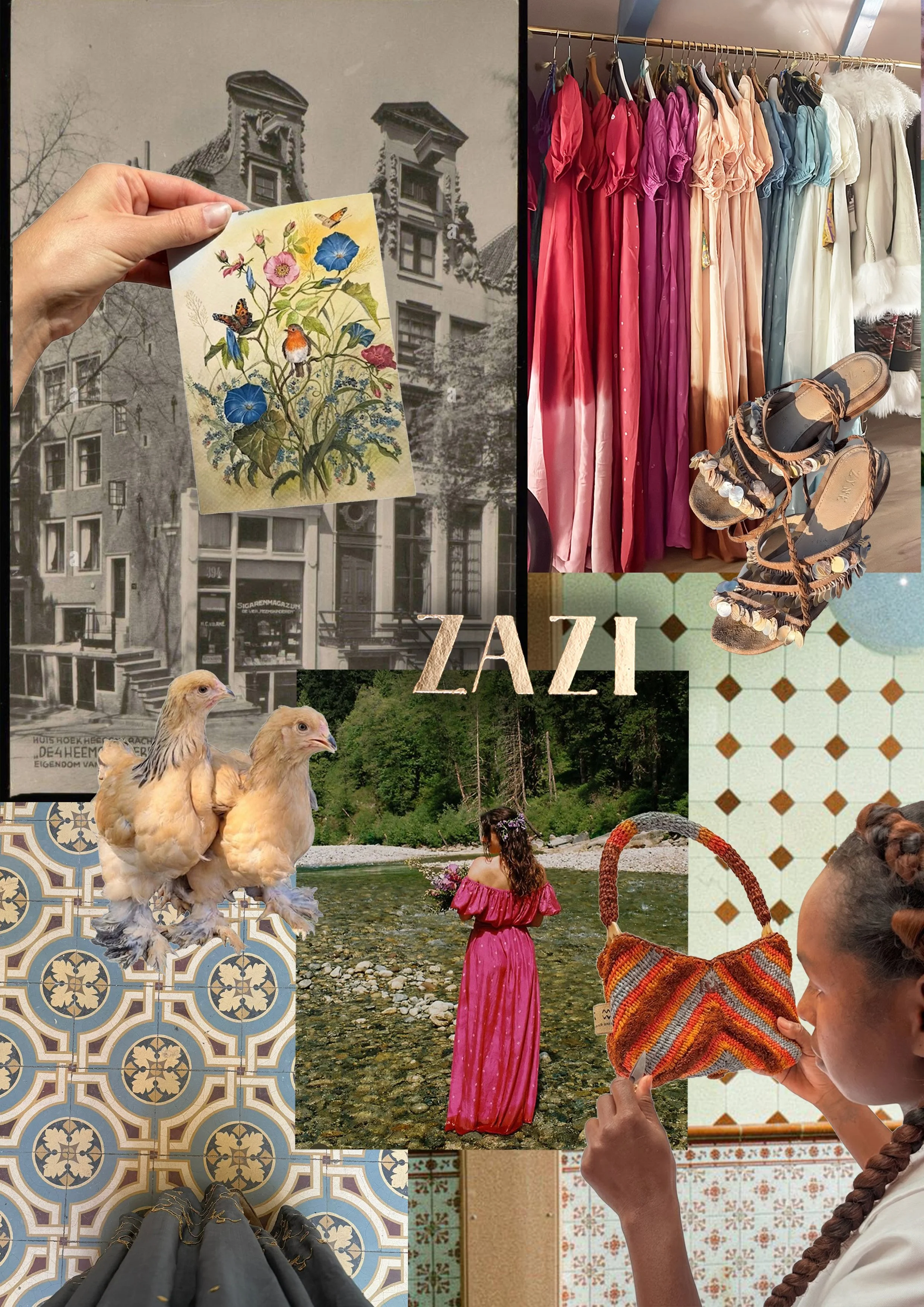 A collage of various images including a hand holding a vintage botanical card with flowers and butterflies, a black and white photo of a historic building, a colorful display of dresses on a rack, a person sitting by a river in a pink dress, two chicks standing together, a woman holding a woven handbag, a pair of patterned sandals, and a woman holding a colorful woven bag near patterned tiles.