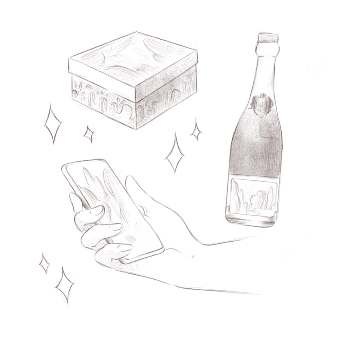Hand holding a smartphone, a whiskey bottle, a box of tissues, and sparkle effects.