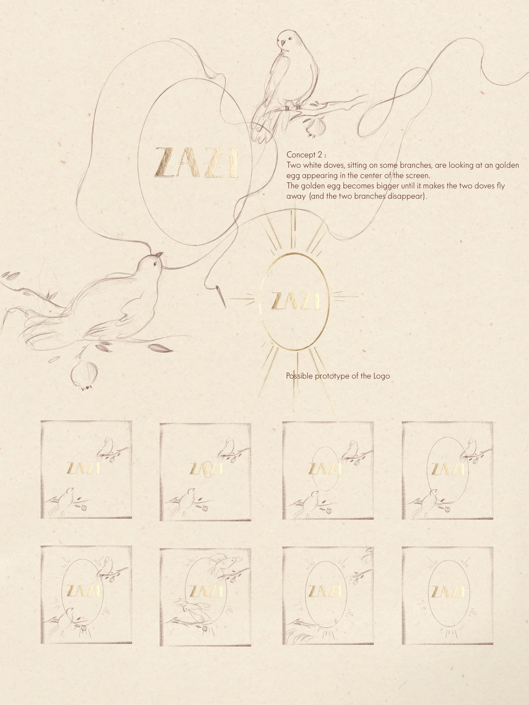 Sketch of a logo concept featuring two white doves sitting on branches looking at a golden egg, which becomes larger until the doves fly away, and includes the text 'ZAZI'.