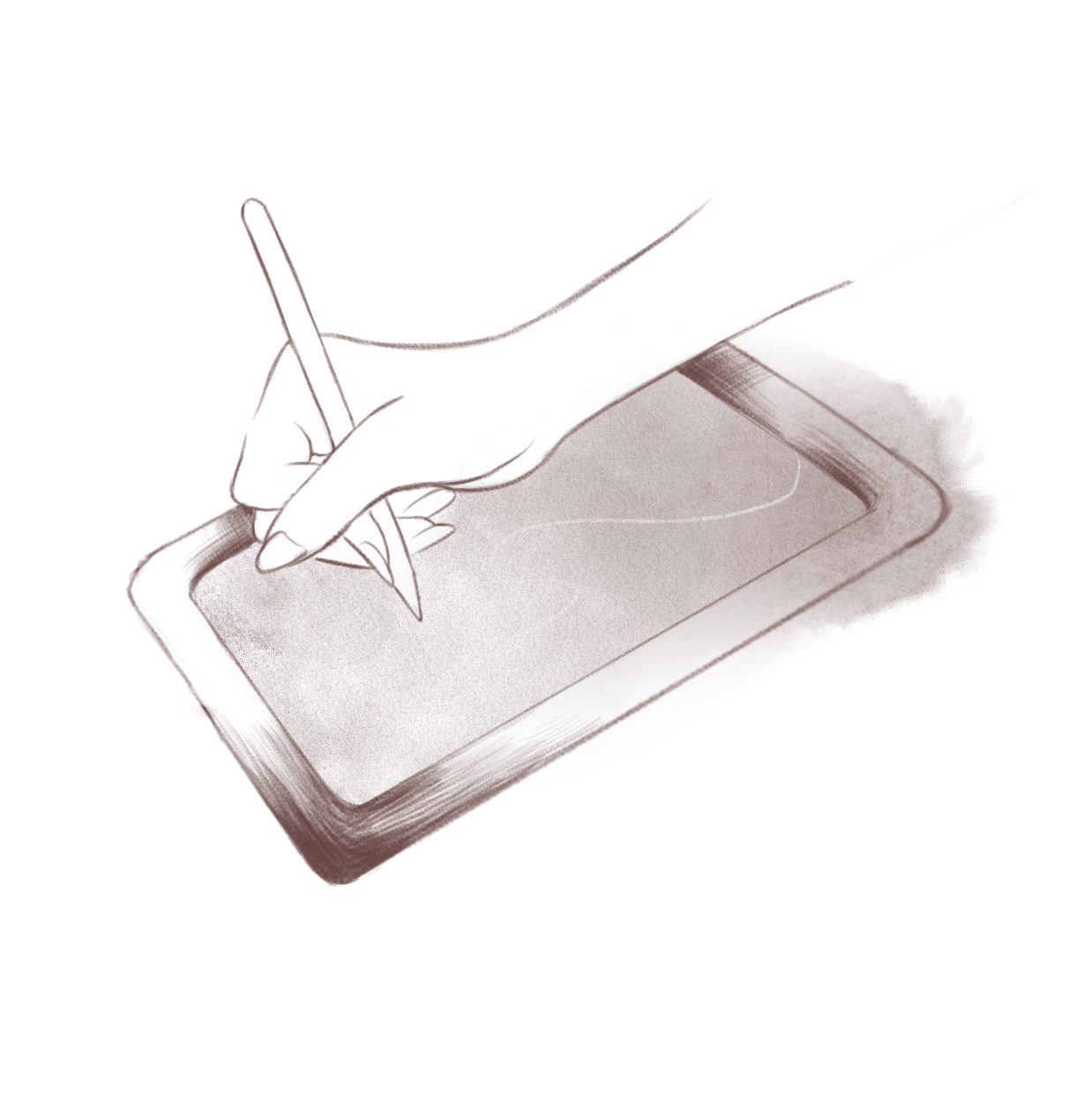 A sketch of a hand drawing on a digital tablet with a stylus, with a white line forming a squiggly pattern on the tablet screen.