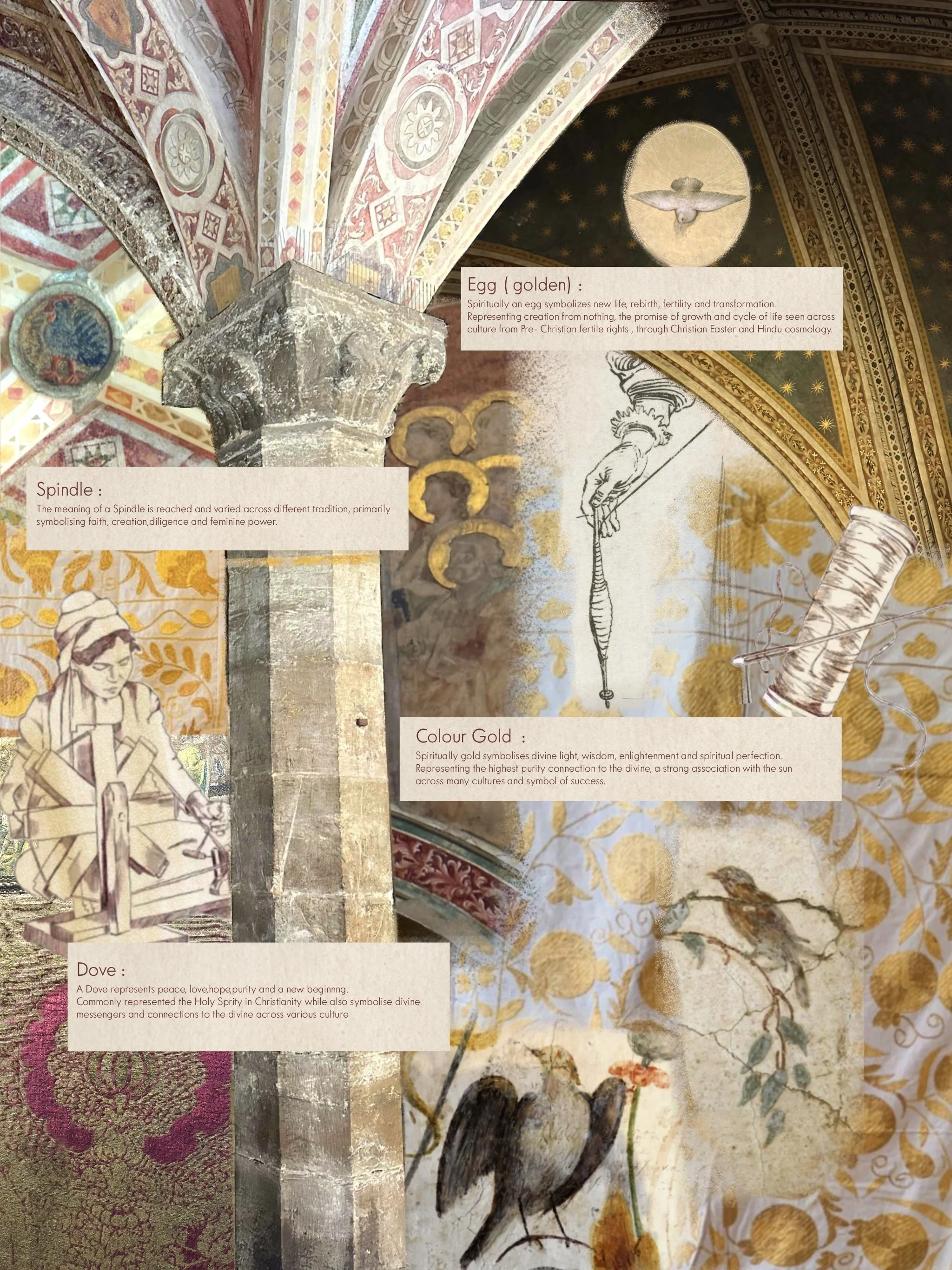 A detailed view of a colorful religious or cultural mural featuring a stone spindle, a dove, a depiction of a bird, and a symbol of a dove, each with descriptive labels explaining their symbolism and significance.