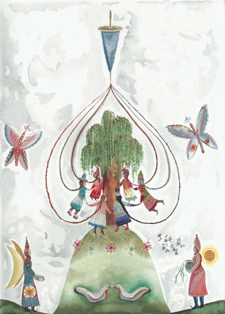 A colorful watercolor illustration of five women, some holding hands, dancing and celebrating around a green hill with two white doves, butterflies, and a tall candle at the top, symbolizing unity and peace.