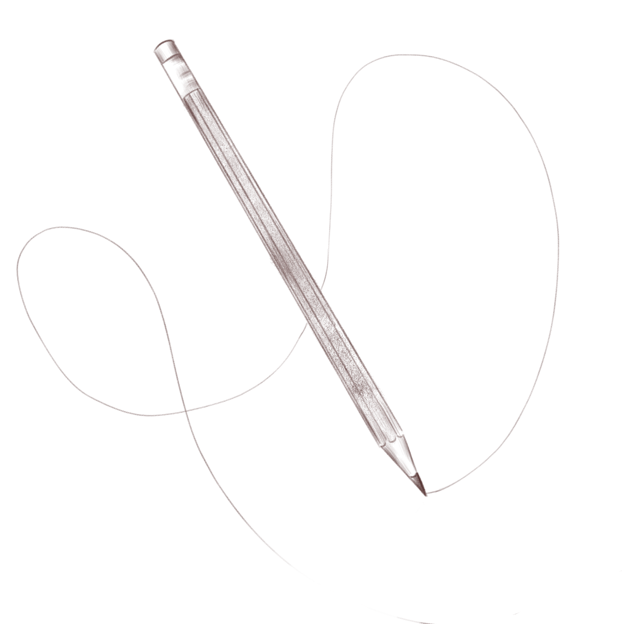 A digital drawing of a fountain pen writing in a continuous loop on a black background, with lines forming heart shapes.