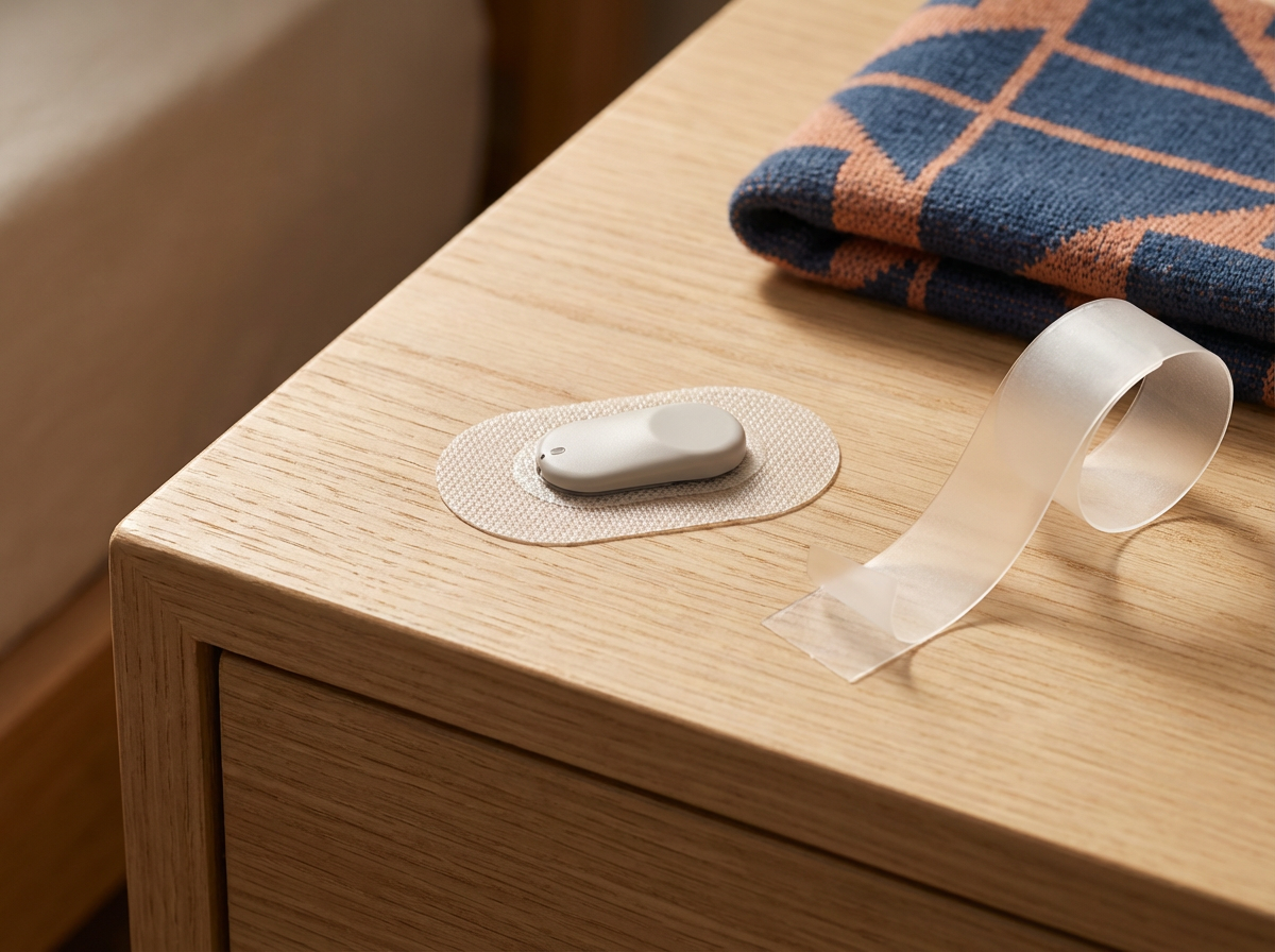 A white wireless hearing aid on a round adhesive pad on a wooden nightstand with a beige and blue blanket folded nearby.