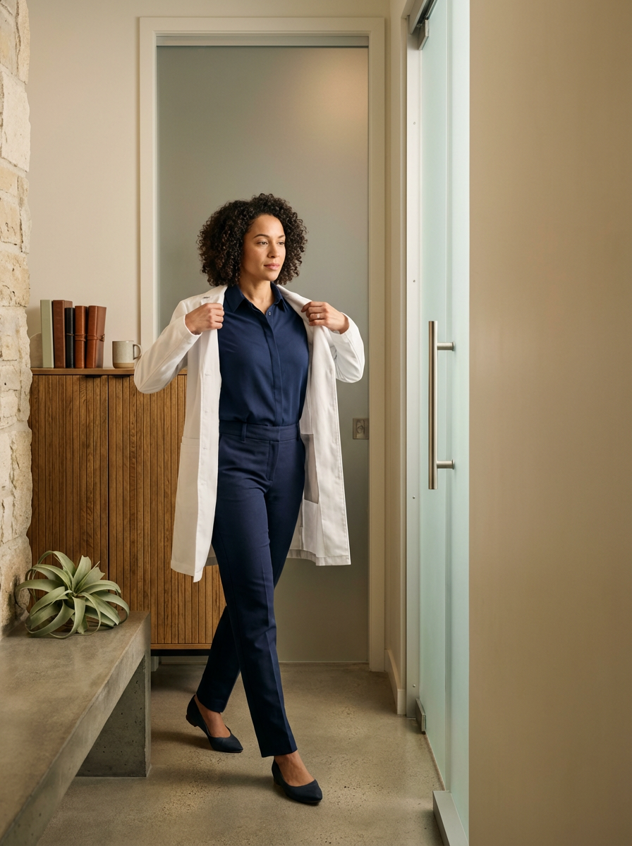 A woman in a navy blue suit and black shoes adjusting her white lab coat while walking indoors.