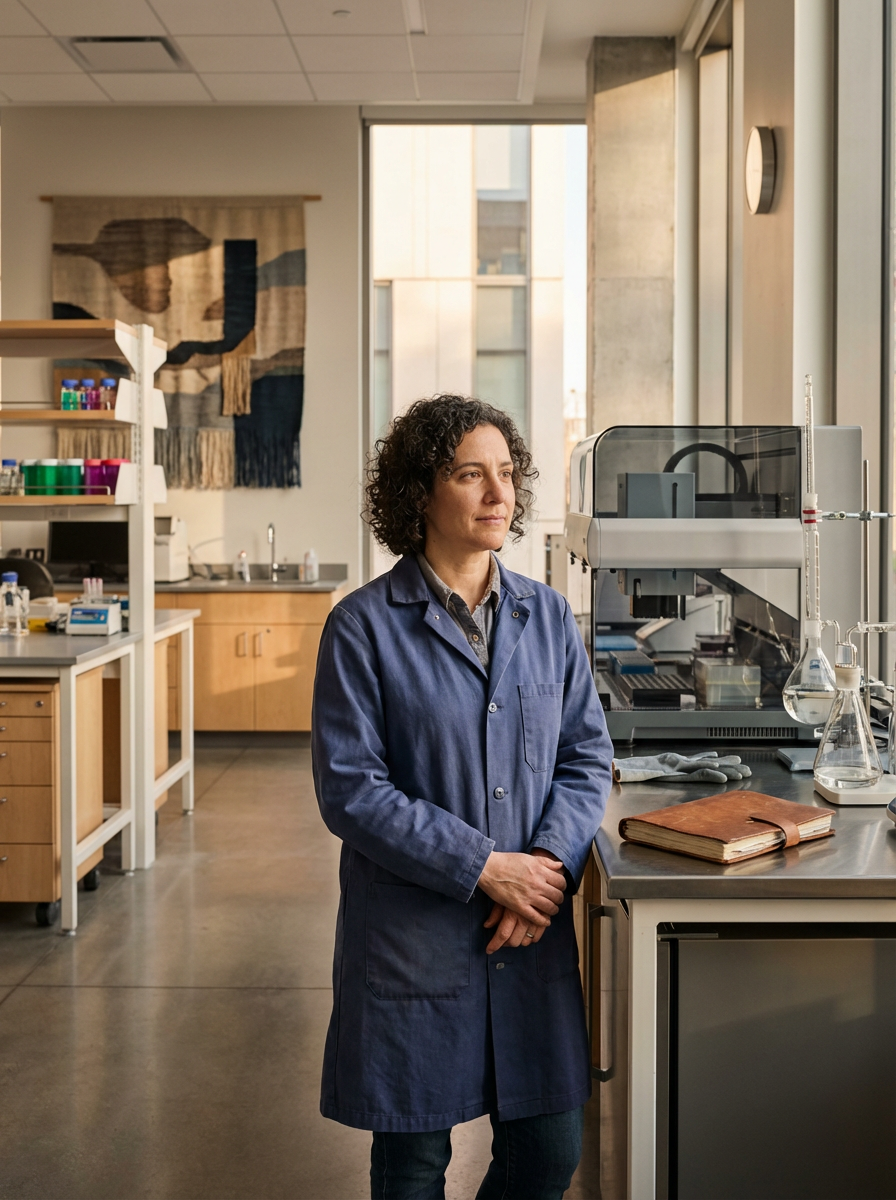 A woman in a blue lab coat standing in a modern laboratory with scientific equipment and shelves in the background.