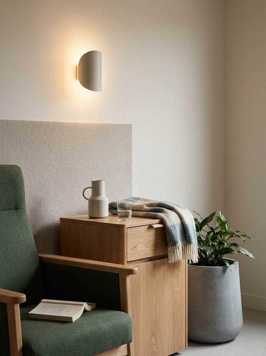 Minimalist bedroom corner with a green armchair, wooden side table, glass of water, ceramic pitcher, plaid blanket, and potted plant, illuminated by wall-mounted light.