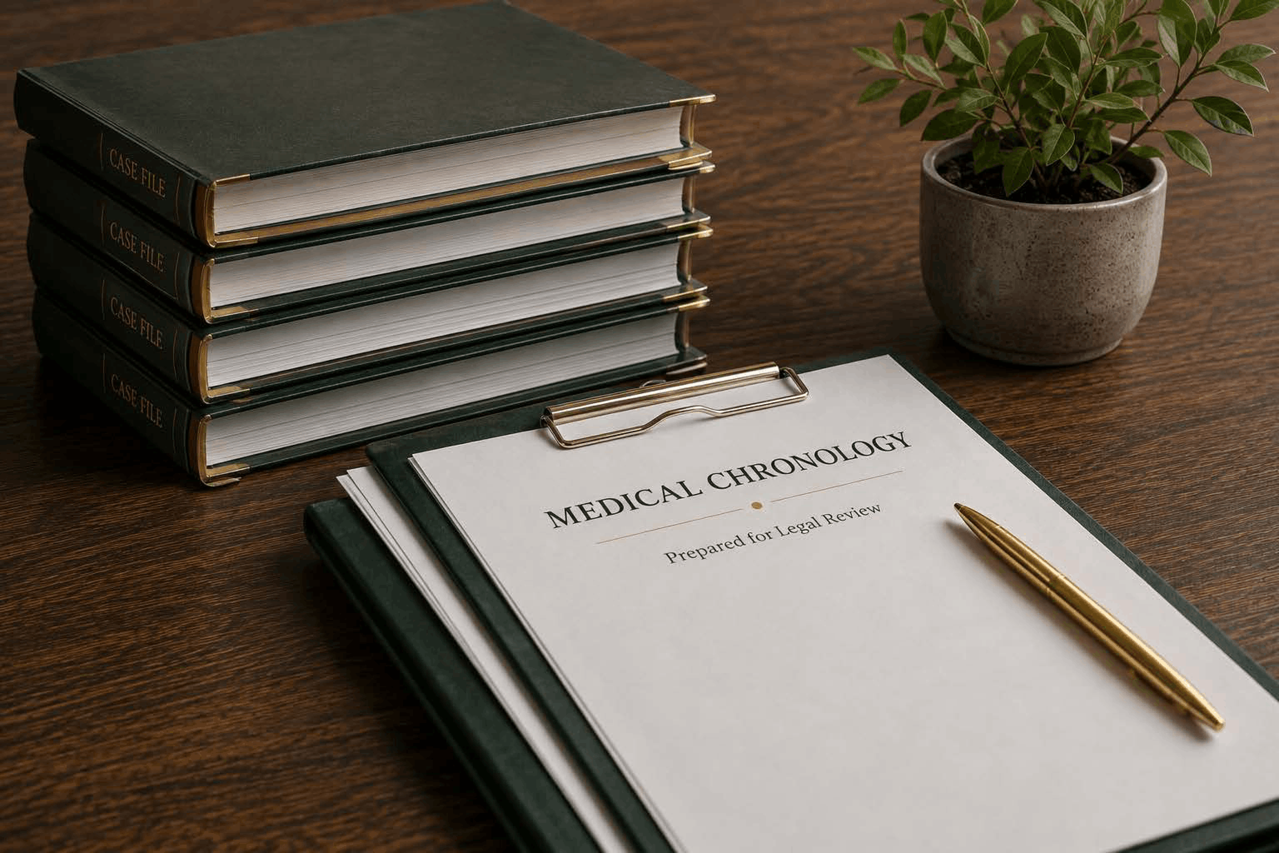 Stack of four large hardcover books labeled 'Case File' on a wooden desk, next to a potted plant, an open medical chronology report with a pen, and a clipboard.