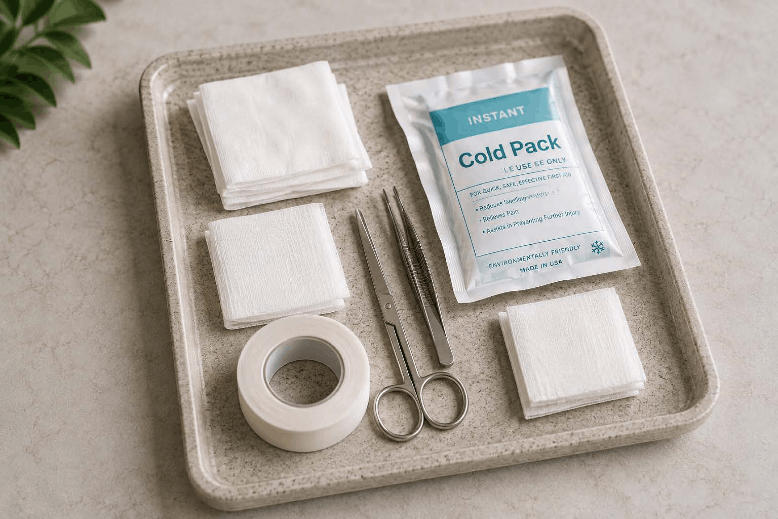 A tray with folded white gauze, pair of medical tweezers, scissors, medical tape, and a cold pack labeled 'Instant Cold Pack' with instructions.