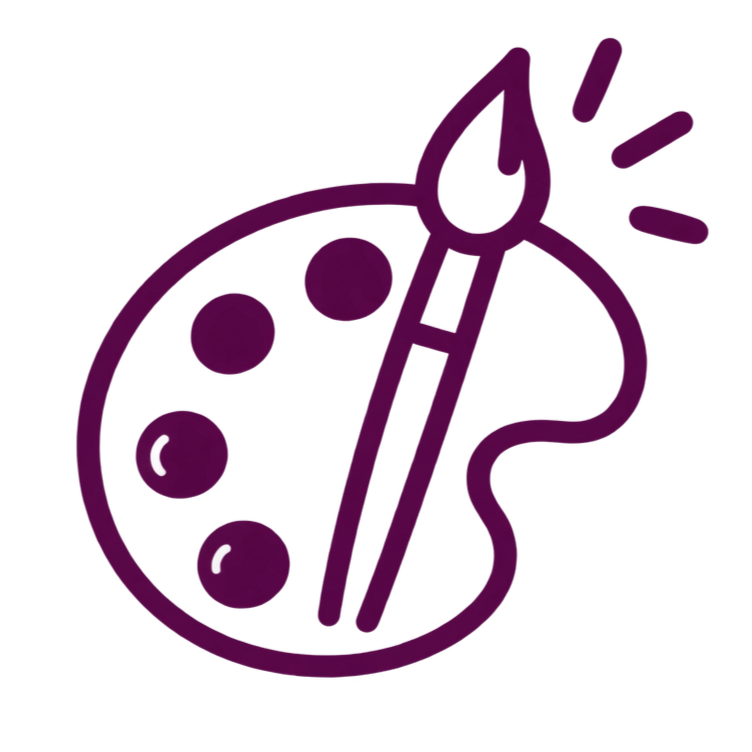 Icon of an artist's palette with five paint spots and a paintbrush, with paint splatters.