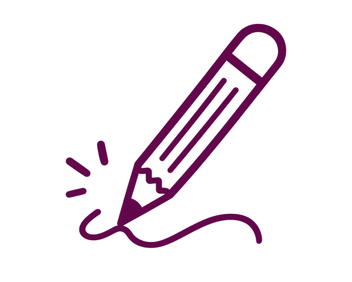Purple outline of a pencil drawing a line with a small burst indicating scribbling or writing.