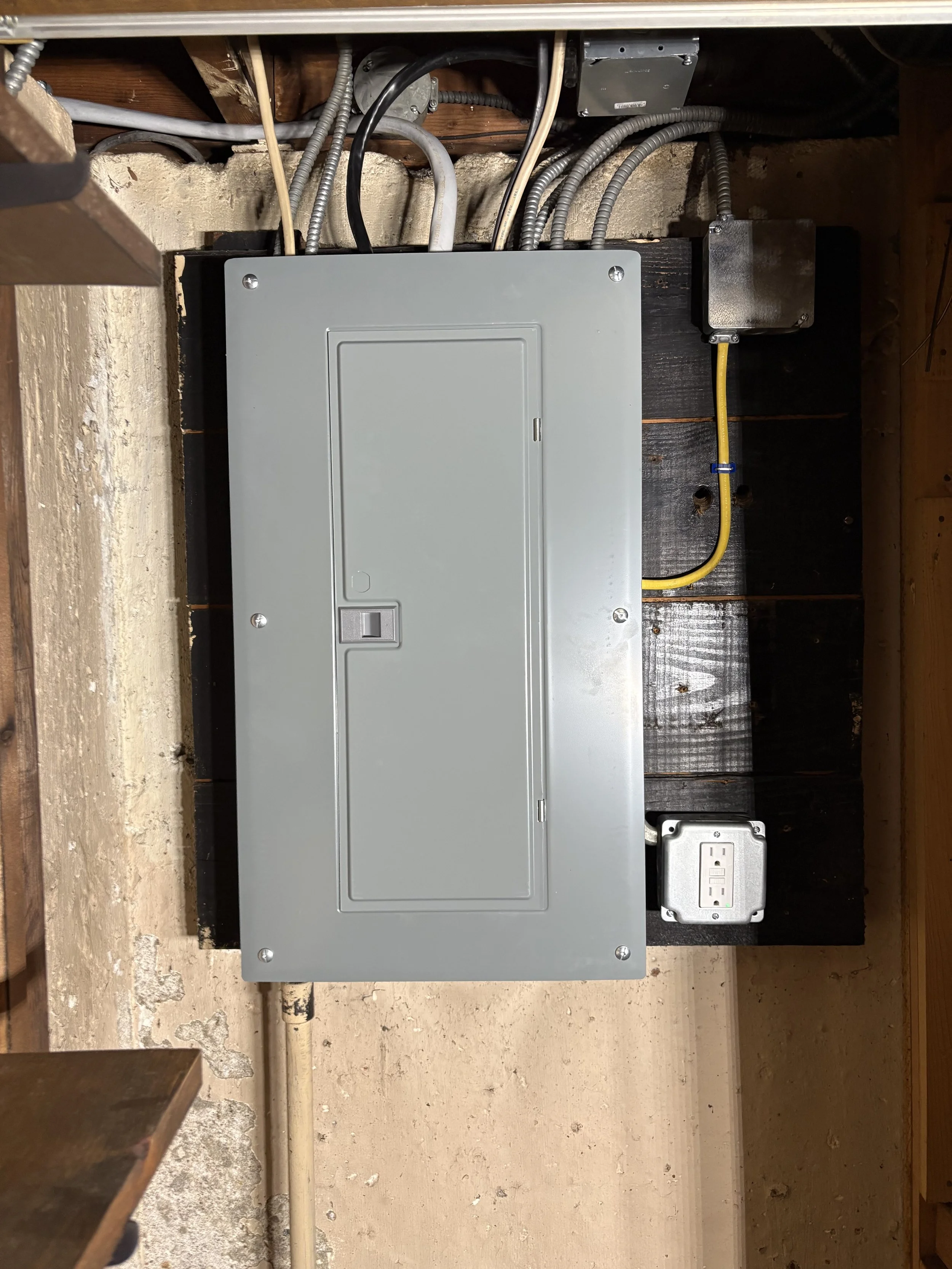 a new cleanly installed electrical panel with modern breakers and surge protection