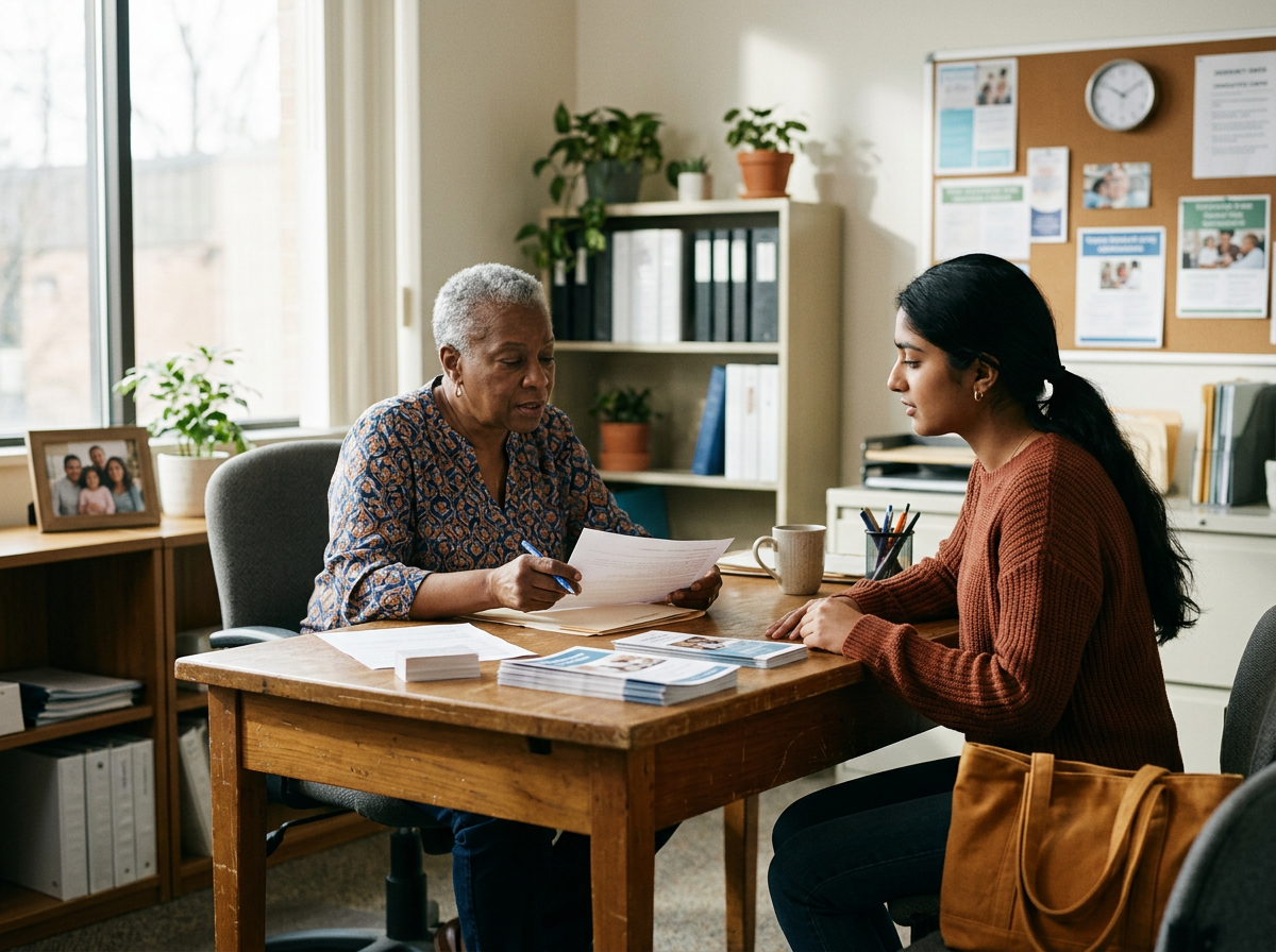 Two women sitting across from each other at a wooden table in a well-lit office, discussing documents. One woman has gray hair and is wearing a patterned blouse, while the other woman has black hair and is wearing a brown sweater. There are papers and pamphlets on the table, as well as a mug and containers holding pens.