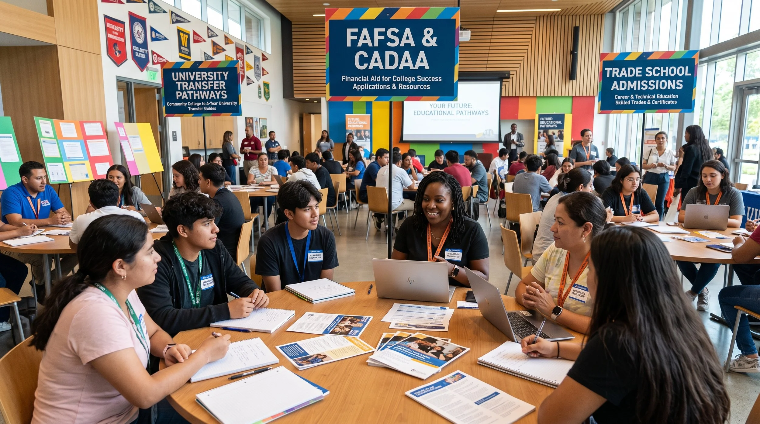 Large room filled with young adults sitting at round tables, engaged in discussion, with informational displays and banners about college pathways, financial aid, and admissions.