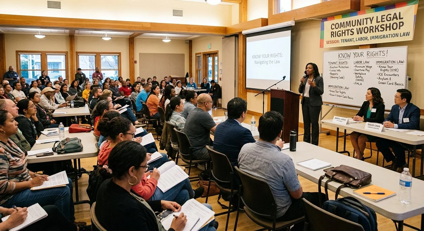A diverse group of people attending a community legal rights workshop in a wood-floored hall. A woman speaker stands at a podium near a presentation screen, addressing the audience, with a whiteboard listing legal topics.