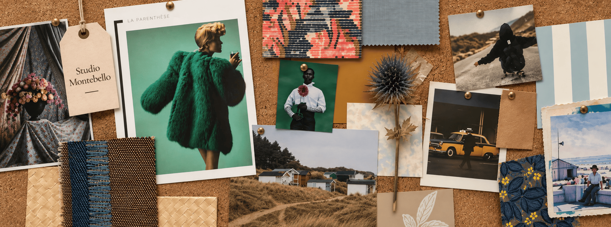 Tableau d'affichage avec plusieurs photos, papiers, tissus et objets décoratifs.