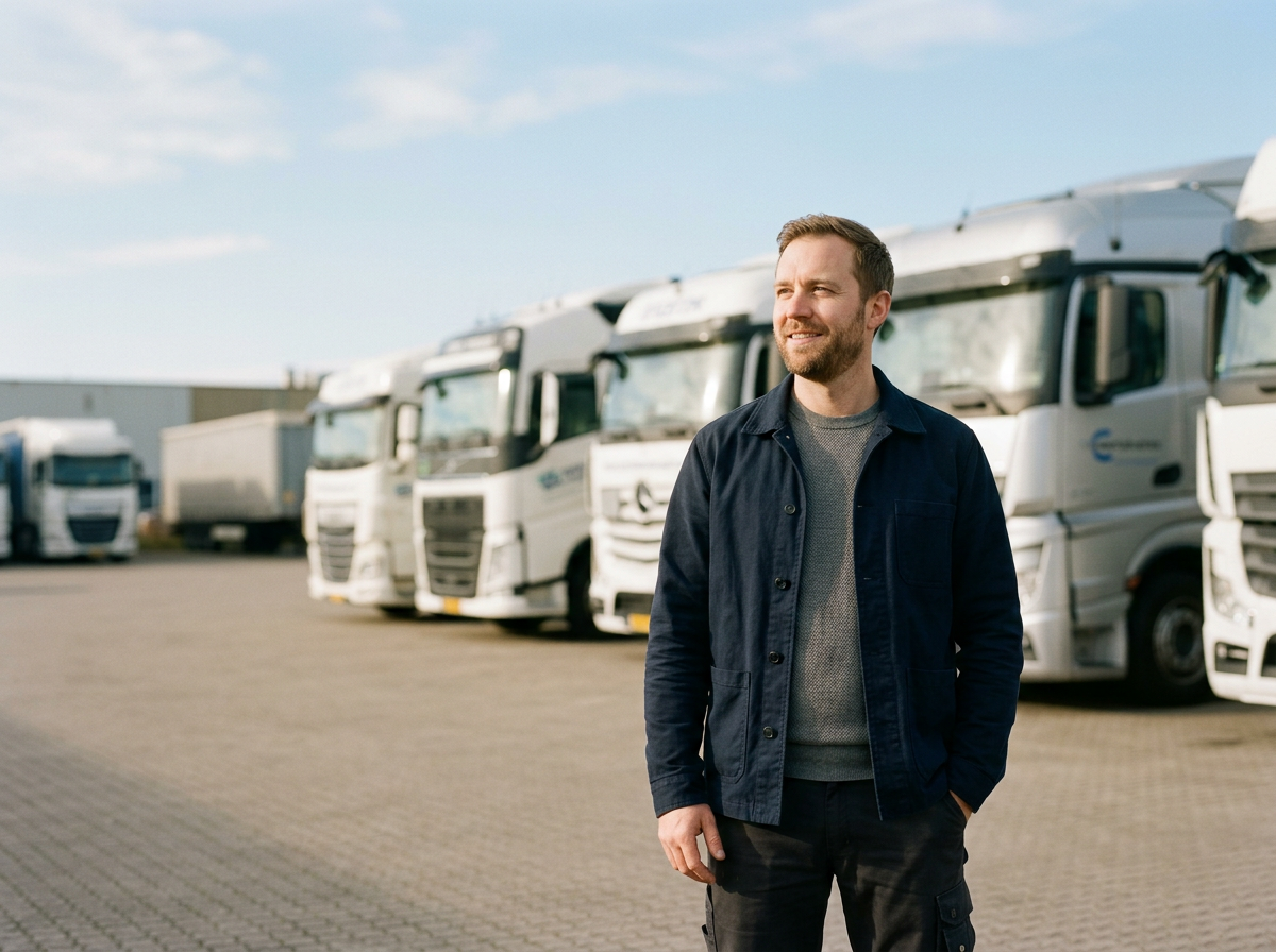 A man standing in front of parked semi-trucks in a parking lot on a clear day.