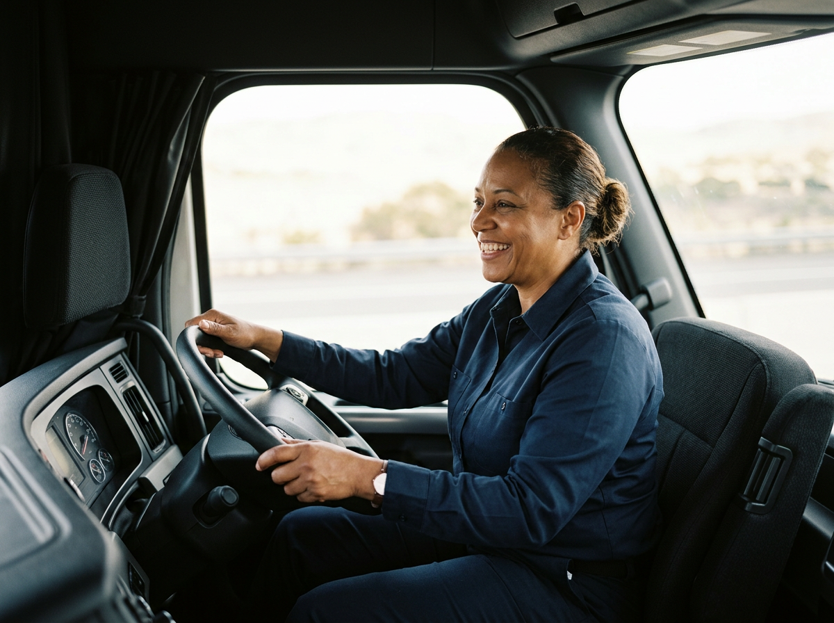 A smiling woman driving a truck on a road with a view of the outside landscape through the window.