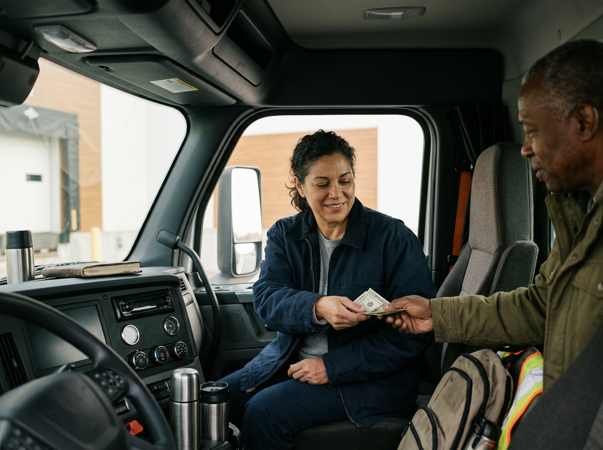 A woman in a dark jacket exchanging cash with a man in a green jacket inside a truck cab.