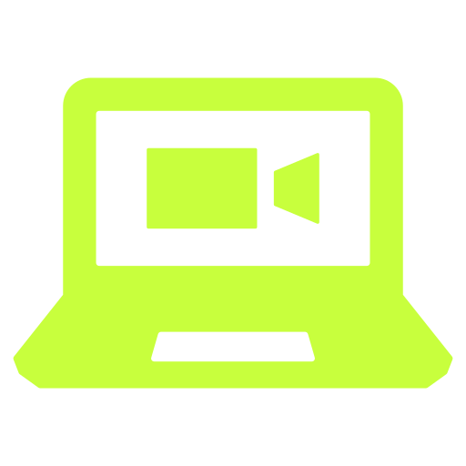 Green laptop icon with a video camera symbol on the screen
