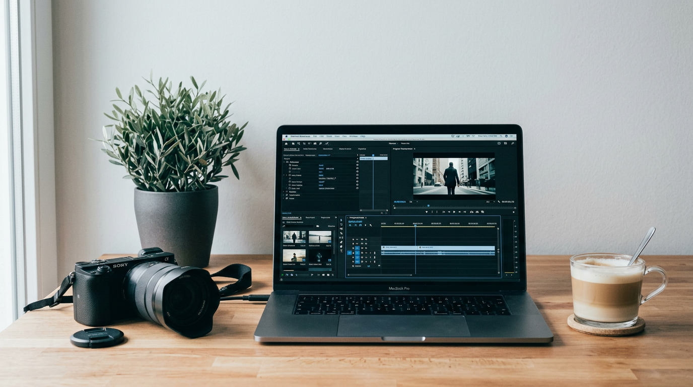 A laptop on a wooden desk showing video editing software, with a camera, camera lens cap, potted plant, and a latte with a spoon on the right